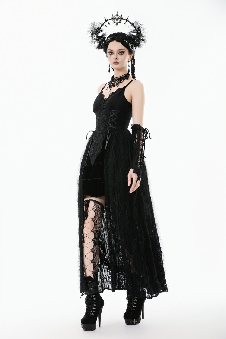 Black Sleeveless Floral Embroidered Lace Lace-Up Women's Gothic Slip Dress Wedding Dress - Product - 4
