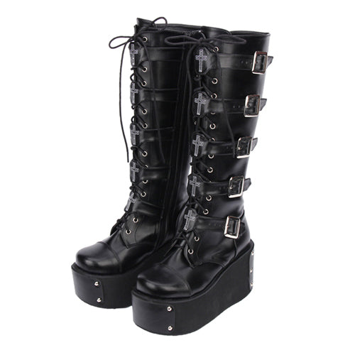 Black Cross Adornment High Platform Lolita Boots - Product - 2