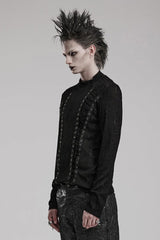 Black Round Collar Long Sleeves Jacquard Symmetrical Rope Mens Gothic T-Shirt - Product - 2