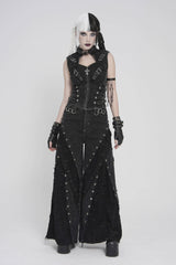 Black Cut-Out Spliced Mesh Eyelet Women's Punk Layered Ripped Pants - Black - 1
