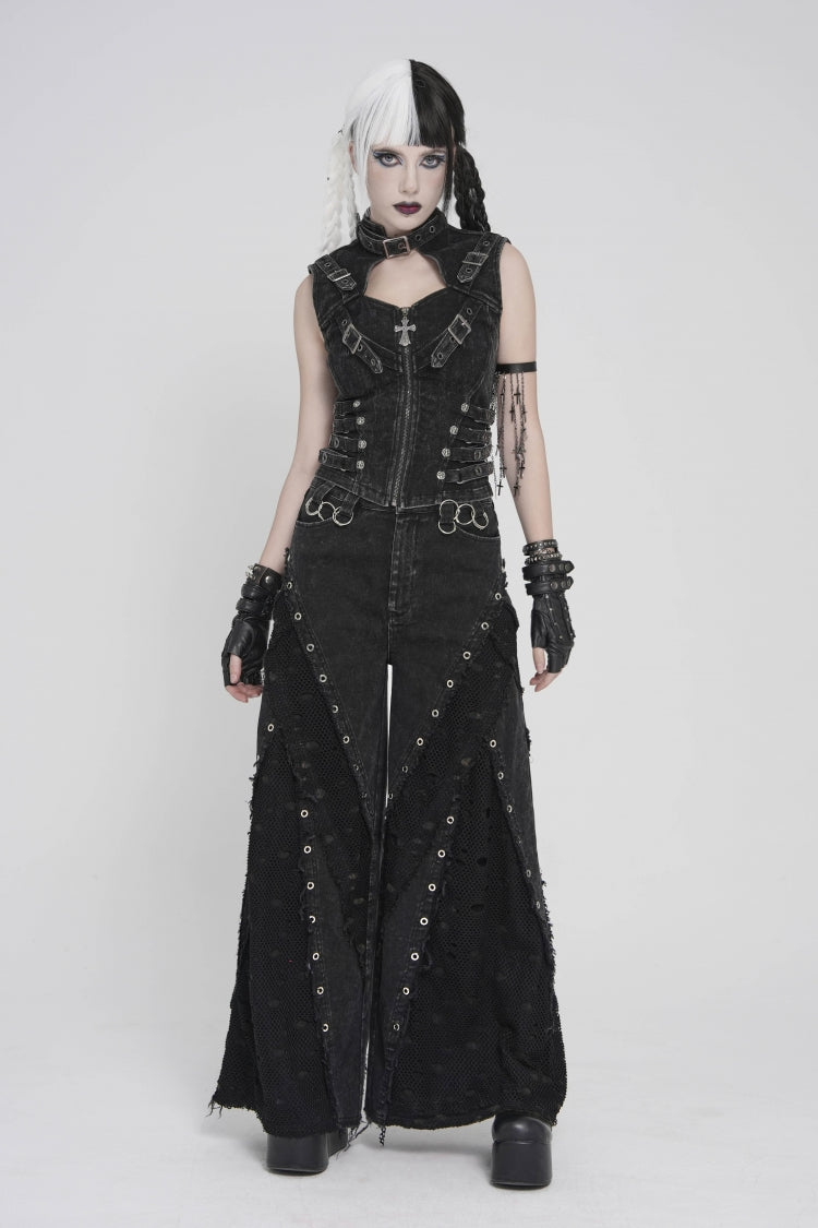 Black Cut-Out Spliced Mesh Eyelet Women's Punk Layered Ripped Pants - Black - 1