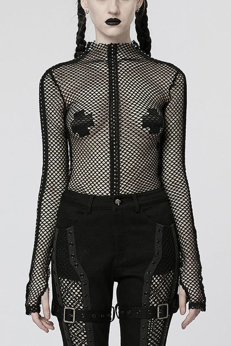 Perspective Mesh Elastic Ribbon Style Slim Sexy Punk Women's T-Shirt 3 Colors - Black - 1