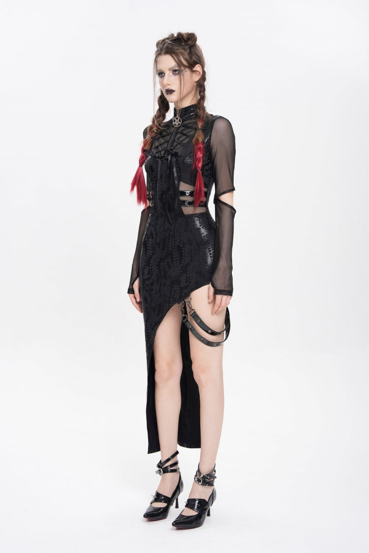 Black Stand Collar Long Sleeves Stitching Lace-Up Mesh Women's Punk Dress with Detachable Strap - Product - 3