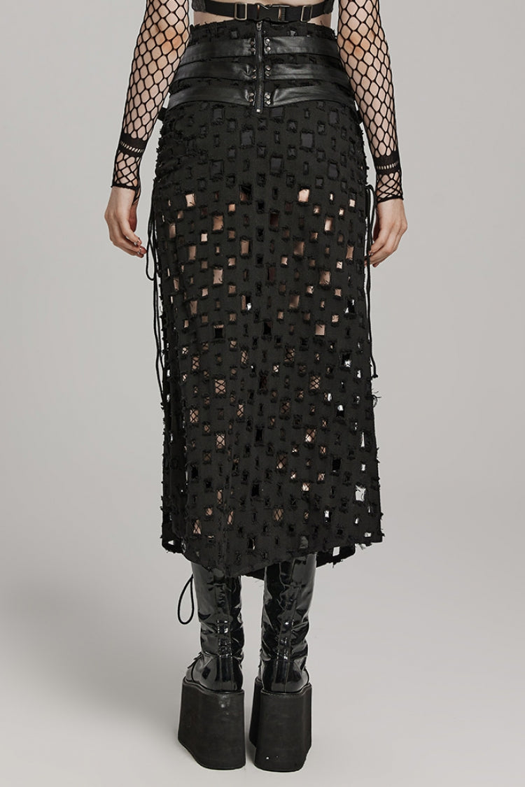 Black Hollow Cross-Taped Stitching Lace-Up Ripped Women's Steampunk Skirt - Product - 3