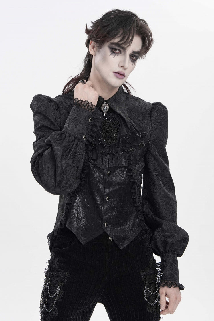 Black Lapel Collar Long Lantern Sleeves Jacquard Embroidered Lace Men's Gothic Palace Swallow-tailed Shirt with Necktie - Product - 10