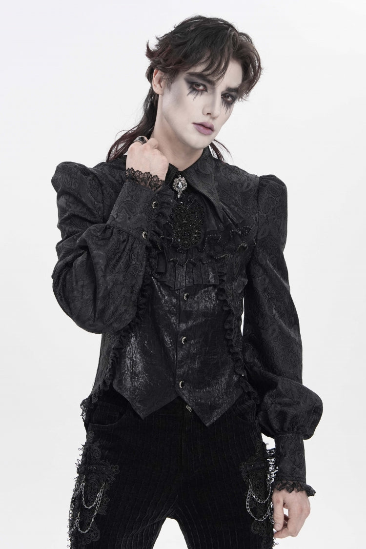 Black Lapel Collar Long Lantern Sleeves Jacquard Embroidered Lace Men's Gothic Palace Swallow-tailed Shirt with Necktie - Product - 10