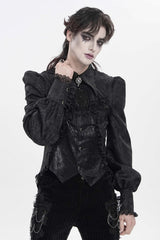 Black Lapel Collar Long Lantern Sleeves Jacquard Embroidered Lace Men's Gothic Palace Swallow-tailed Shirt with Necktie - Product - 10