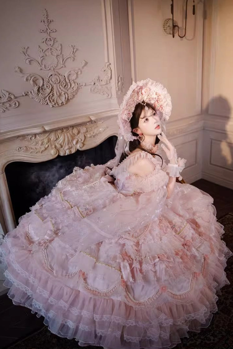 Pink [The Runaway Princess] Sleeveless Multi-Layered Printed Hanayome Bow Lace Pearl-Decorated Sweet Plus Size Gorgeous Lolita Jsk Dress - Product - 9