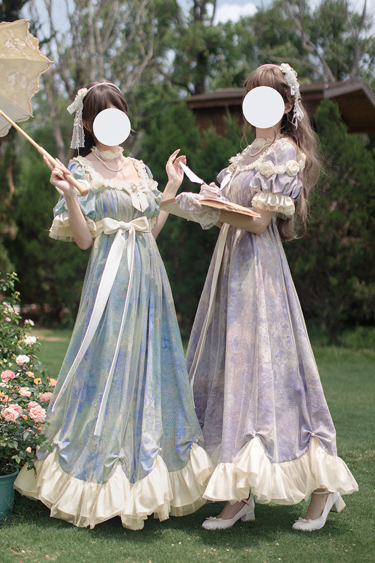Blue [Oil Painting Sun and Moon Poem] Short Sleeves Print Ruffle Bowknot Sweet Princess Lolita Dress - Product - 6