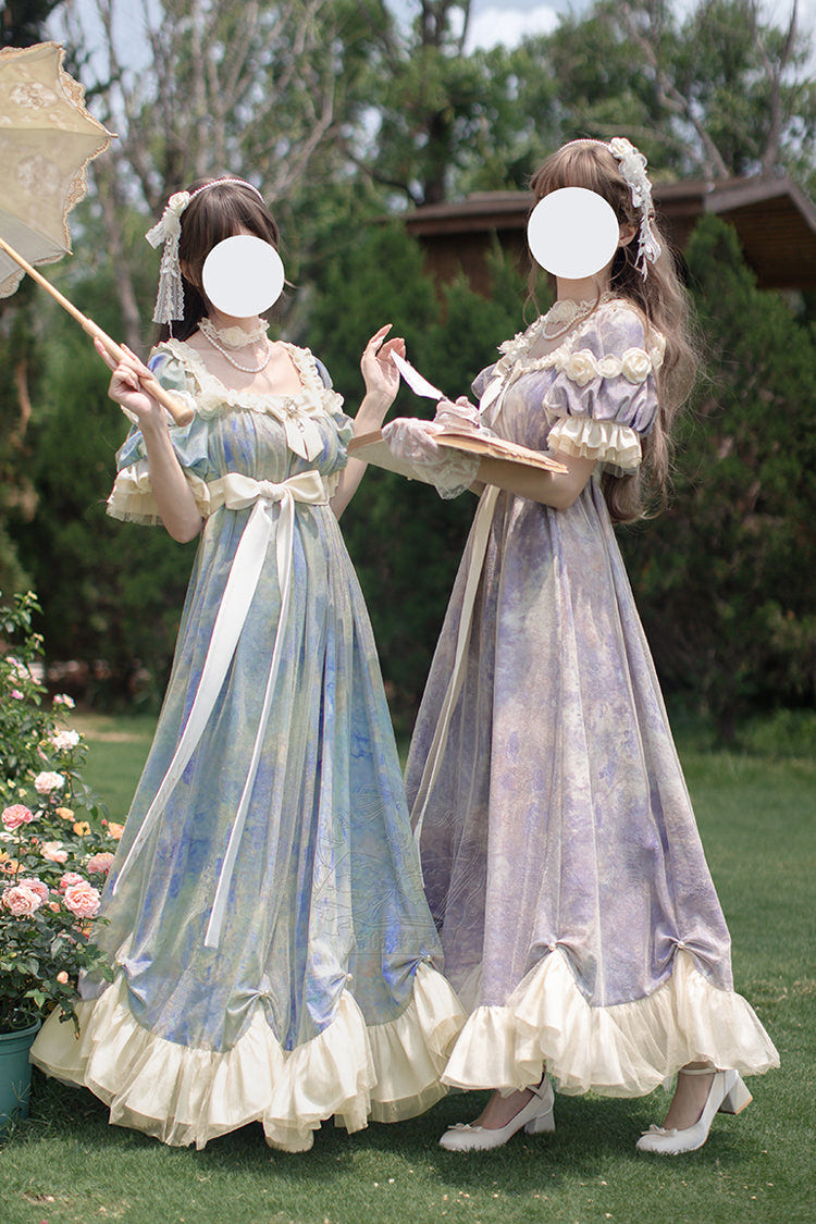 パープル [Oil Painting Sun and Moon Poem] 半袖 プリント フリル リボン スウィートプリンセスロリータ ワンピース 商品画像