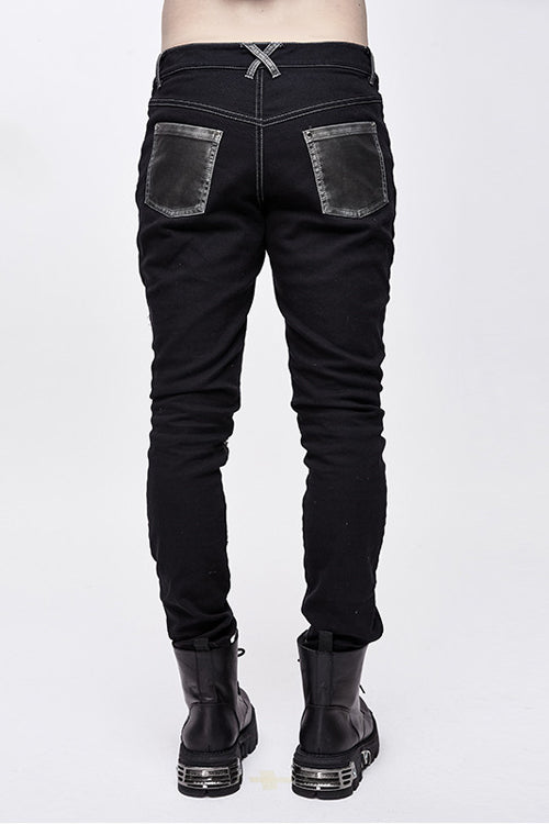 Black With Silver Punk Hand Rubbed Leather With Loops Mens Pants - Product - 3