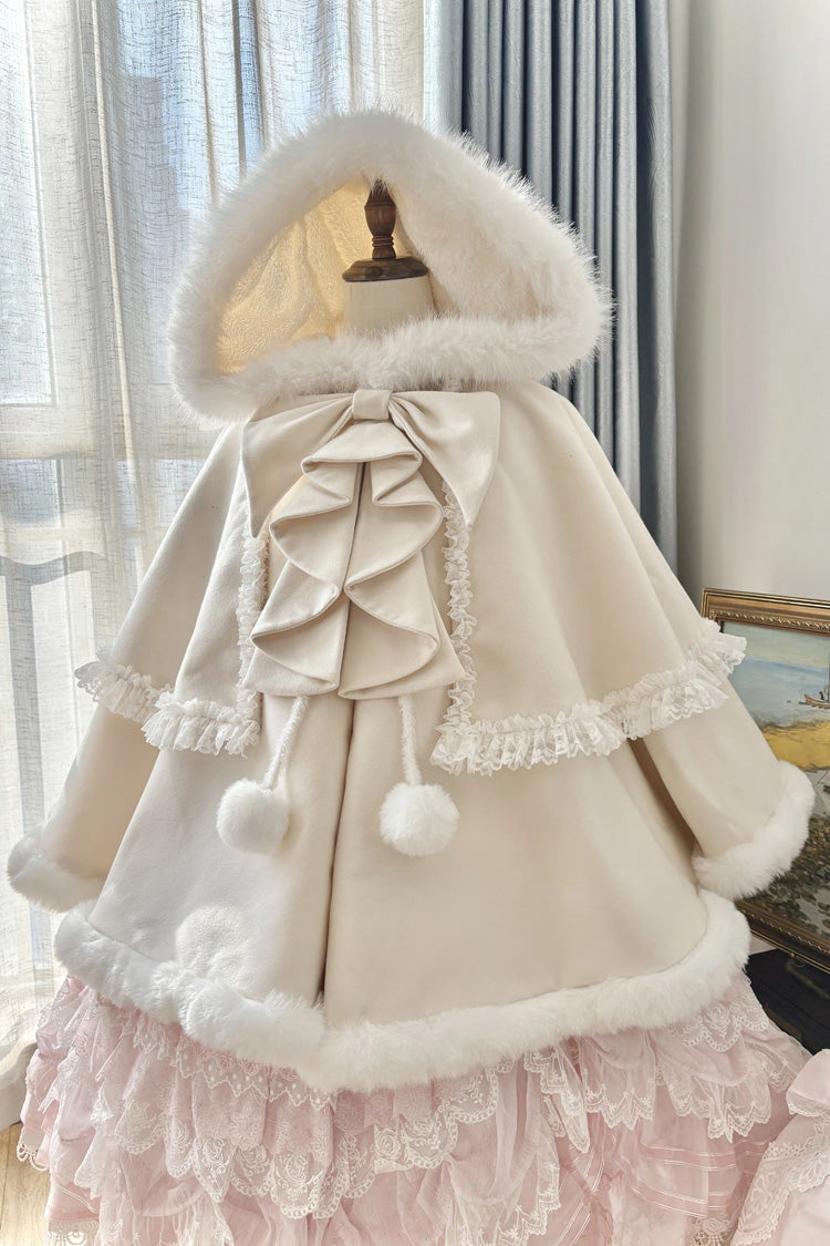 [Velvet Butterfly] Ruffle Bowknot Lace Hooded Sweet Lolita Dress Cloak Coat 4 Colors - Apricot - 6