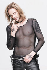 Black Diamond Shaped Mesh Round Neck Long Sleeves Mens Punk T-Shirt - Product - 3