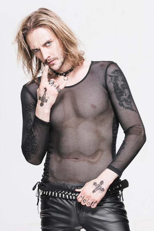 Black Diamond Shaped Mesh Round Neck Long Sleeves Mens Punk T-Shirt - Product - 3