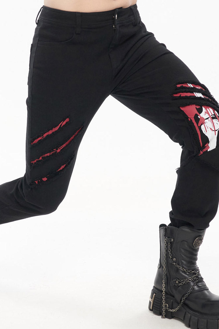 Black Punk Twill Ripped Leg-Bone Bleed Print Men's Pants - Product - 9