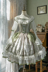 Green [Teacup Rabbit Little Fresh] Print Ruffle Bowknot Lace Lace-Up Sweet Lolita OP Dress - Product - 3