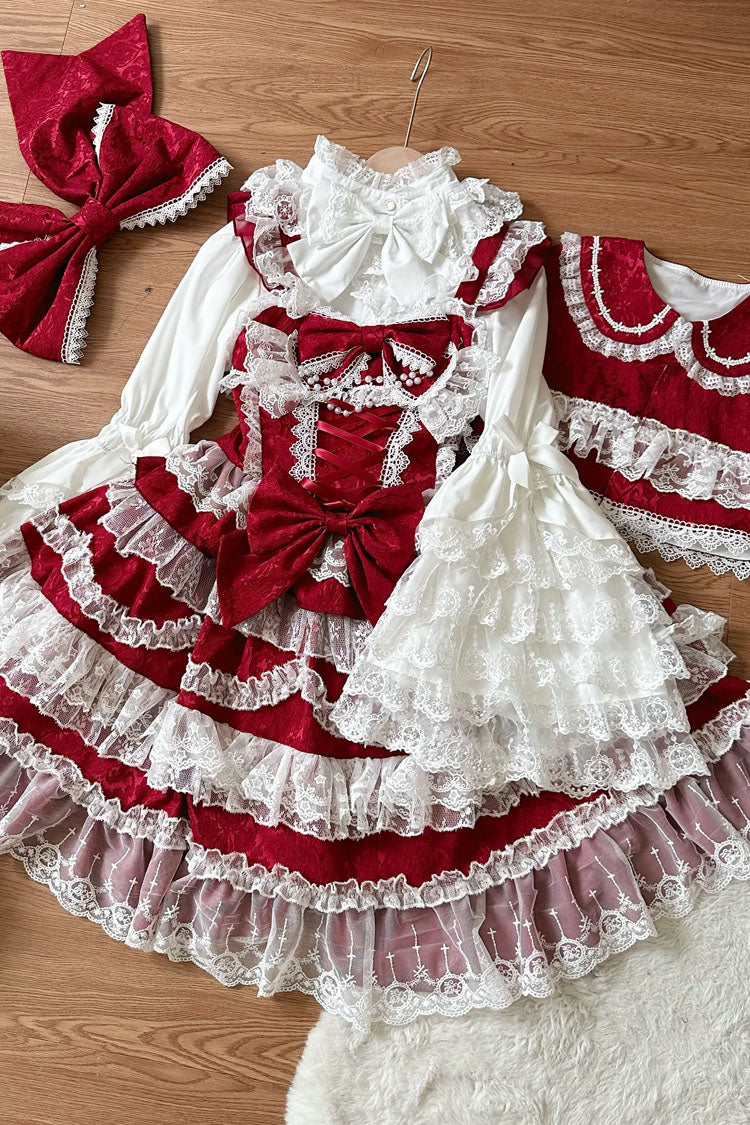 Wine Red [Love and Heart Flutter] Sleeveless Multi-Layered Ruffle Bowknot Lace Pearl Sweet Lolita Jsk Dress - Product - 6