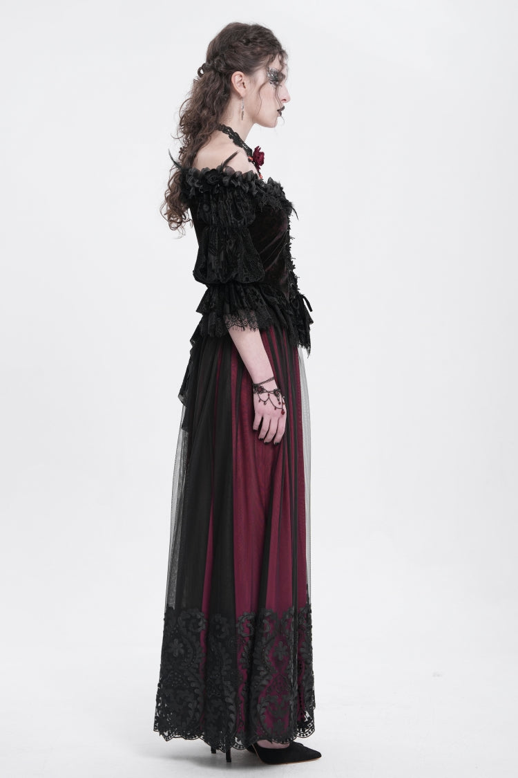 Red Stitching Floral Mesh Women's Gothic Skirt - Product - 9