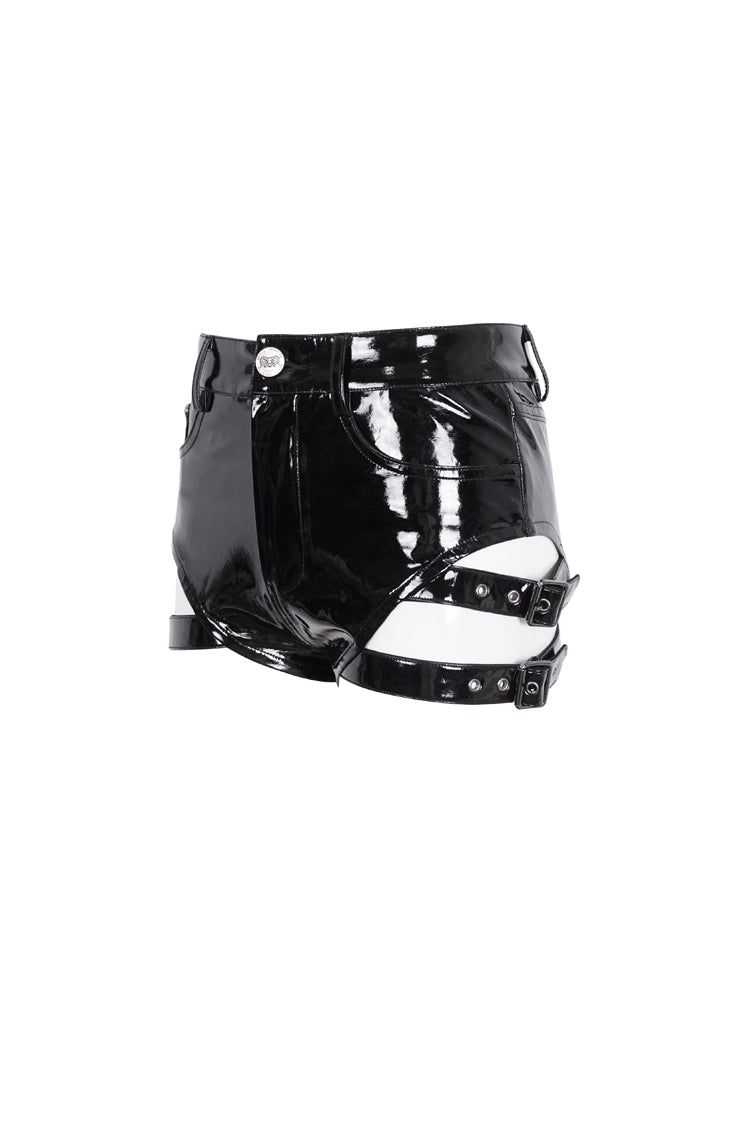 Black Buckle Faux Leather Punk Women's Shorts - Product - 6