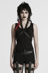 Black Halterneck Sleeveless Buckle Strap Women's Punk Vest - Black - 1