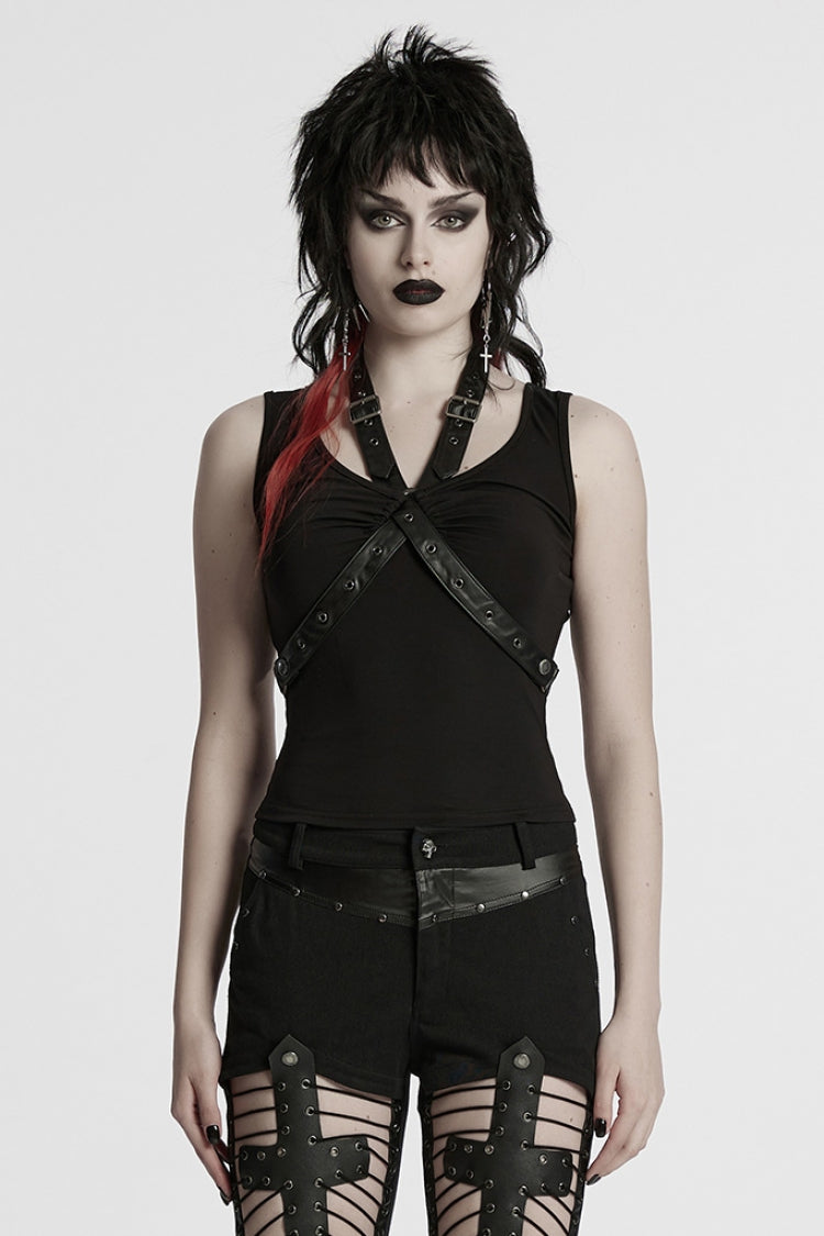 Black Halterneck Sleeveless Buckle Strap Women's Punk Vest - Black - 1