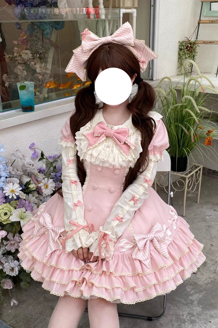 Pink Striped Layered Short Sleeves Multi-Layered Ruffle Bowknot Sweet Princess Tiered (Set) detail view 5