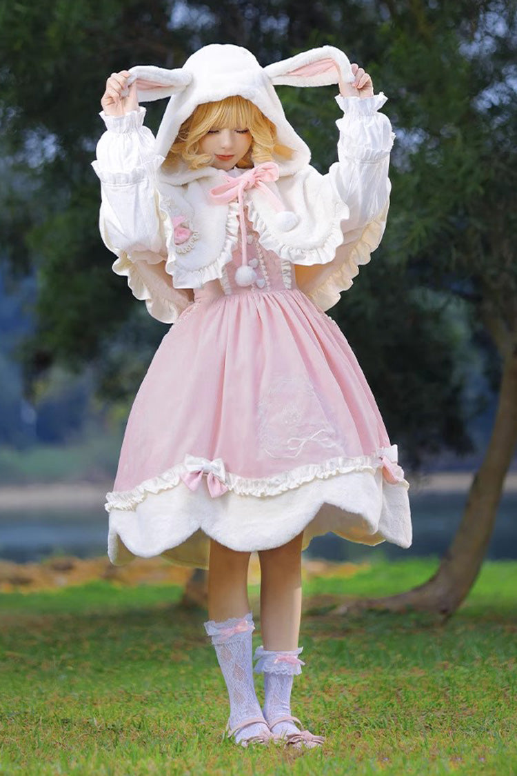 Rosa Hirsch-Druck-Stickerei, Schleife, Prinzessin, Herbst-Winter, süß (Kleid einzeln), Vorderansicht