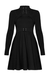 Black High Collar Front Chest Lace-Up Shoulder Hollow-Out Long Sleeve Women's Punk Dress - Product - 5