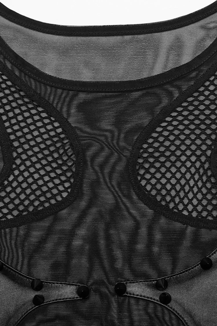 Black Short Sleeves Sheer Mesh Women's Punk Bodysuit - Product - 5