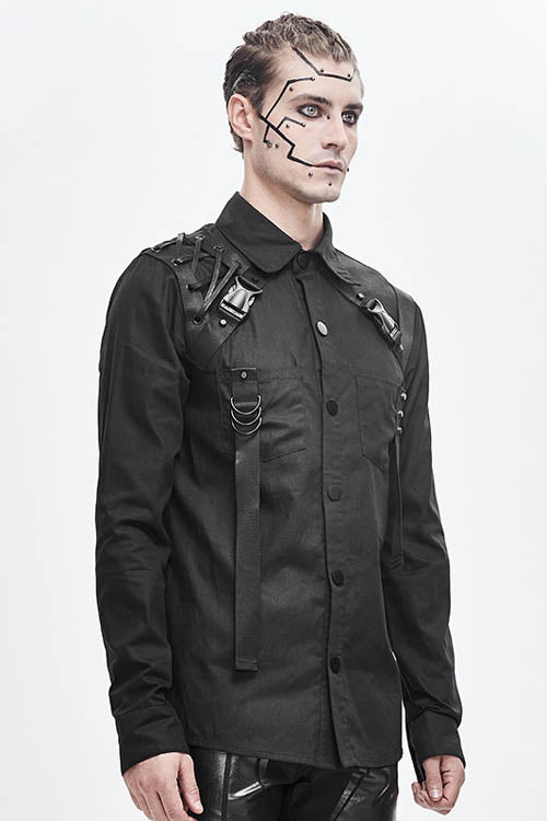 Black Straps Long Sleeves Mens Punk Blouse - Product - 2