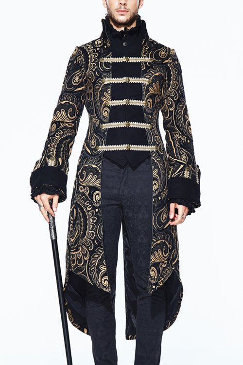 Gothic Jacquard Fake Two Pieces Golden Mens Long Coat - Brown/Gold - 1