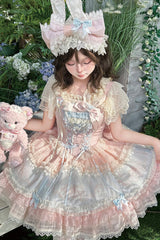 Blue/Pink [Sweetheart Bunny] Square Collar Flutter Sleeves Multi-Layered Jacquard Ruffled Embroidered Bow Lace Sweet Lolita Jsk Dress - Product - 4