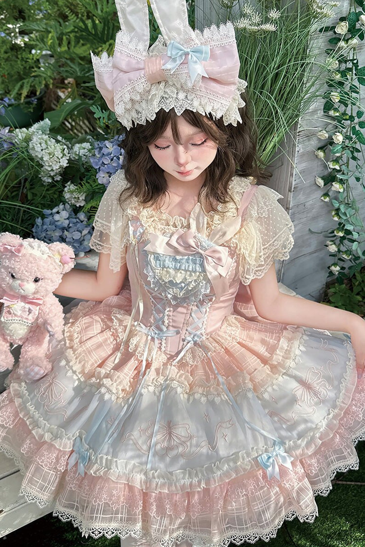 Blue/Pink [Sweetheart Bunny] Square Collar Flutter Sleeves Multi-Layered Jacquard Ruffled Embroidered Bow Lace Sweet Lolita Jsk Dress - Product - 4