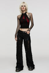 Black Embossed Stitching Mesh Ripped Women's Steampunk Straight Pants - Product - 4