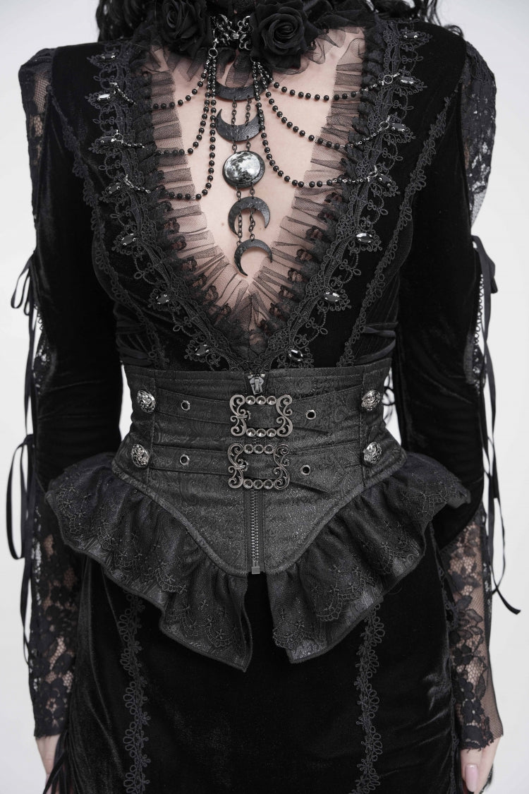 Black Lace Slim Fit Buckled Zippered Pleated Women's Gothic Girdle - Black - 1