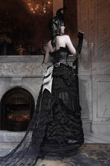 Black [Cupid’s Magic Box] Basel French Ruffle Embroidery Bowknot Lace Gothic Elegant Lolita Long Skirt - Product - 6