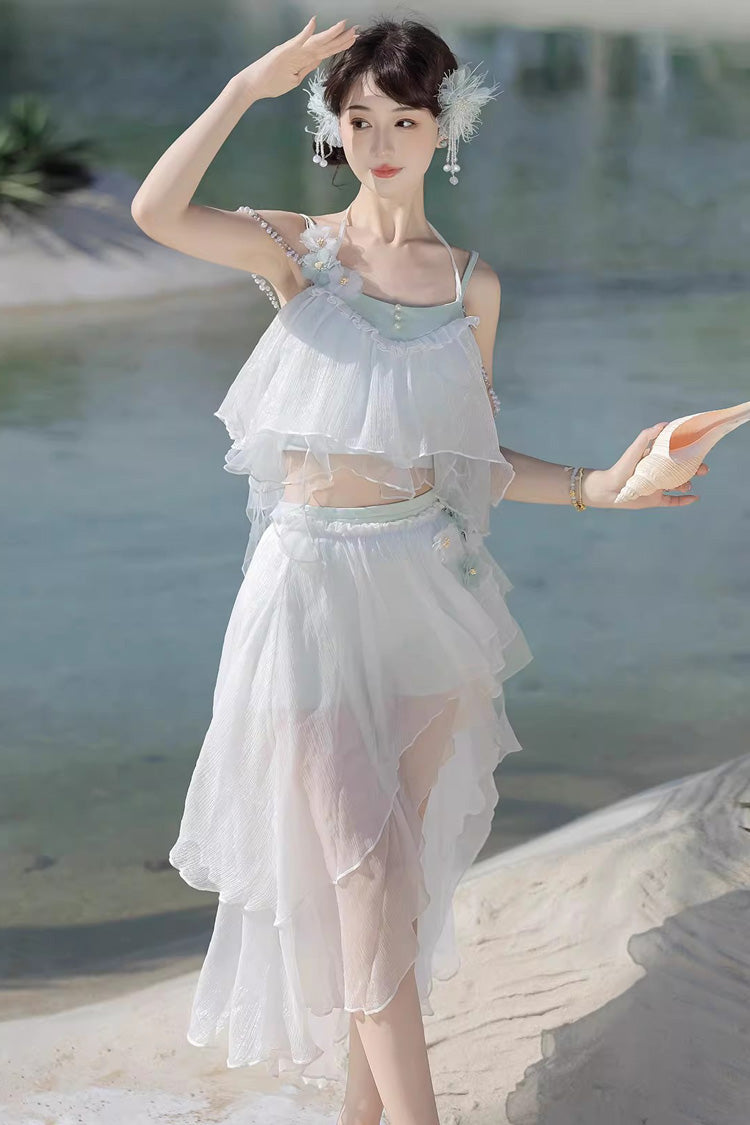 White Sleeveless Summer Beach Women's Lace Sweet Lolita Three-Piece Swimsuit Set - Product - 9