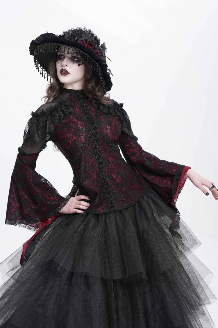 Red Stand Collar Long Trumpet Sleeves Embroidery Stitching Lace Women's Gothic Blouse - Product - 3