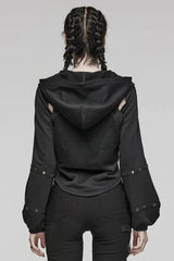 Black Long Sleeves Hollow Mesh Stitching Hooded Womens Steampunk Blouse - Product - 3