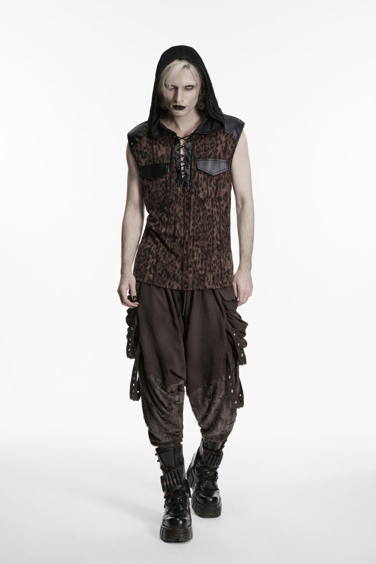 Black/Coffee  Sleeveless Spliced Lace-Up Hooded Mesh Pearl-Decorated Eyelet Men's Punk T-Shirt - Product - 6
