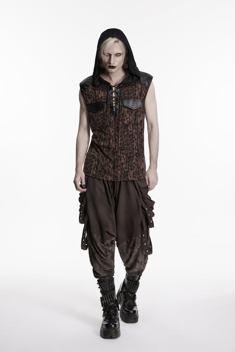 Black/Coffee  Sleeveless Spliced Lace-Up Hooded Mesh Pearl-Decorated Eyelet Men's Punk T-Shirt - Product - 6