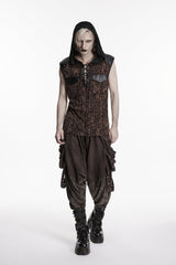 Black/Coffee  Sleeveless Spliced Lace-Up Hooded Mesh Pearl-Decorated Eyelet Men's Punk T-Shirt - Product - 6