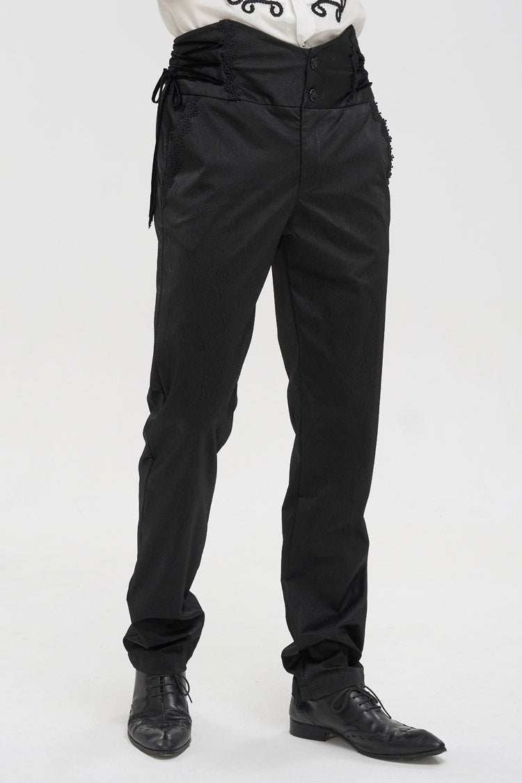 Black Retro High Waist Pattern Side Side Adjustable Leather Men's Gothic Pants - Product - 2