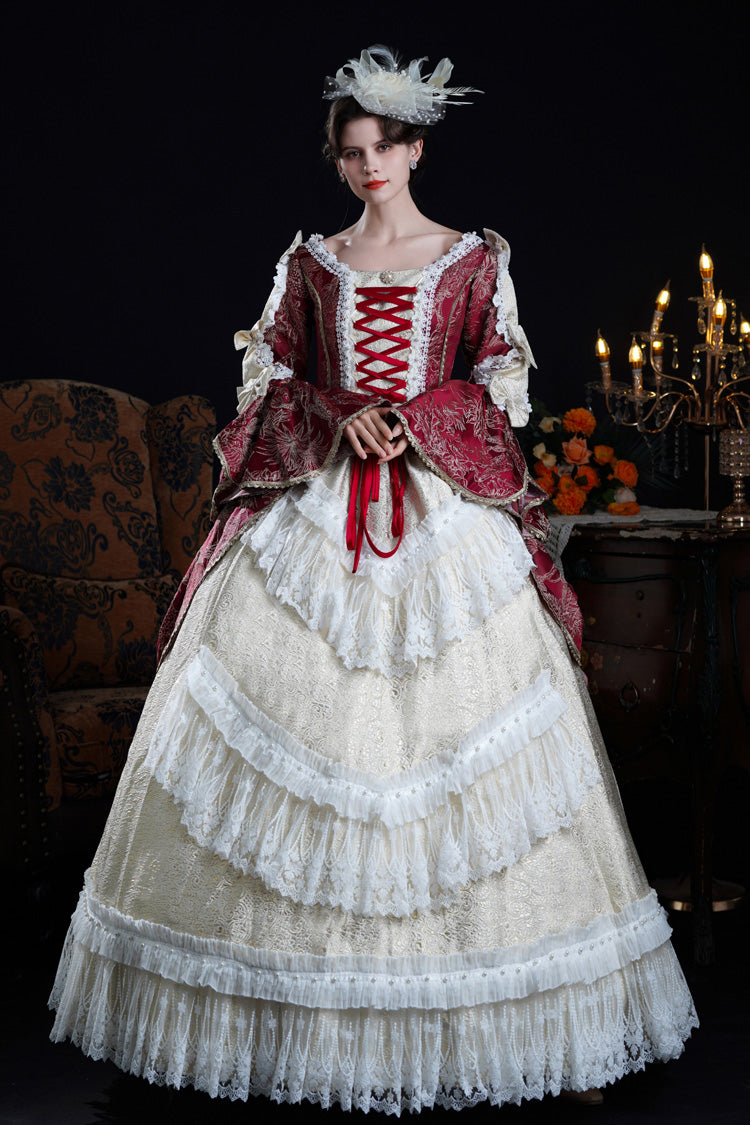 Wine/Ivory Long Hime Sleeves Lace-Up Classic Vintage Palace Lolita Victorian Dress - Product - 2