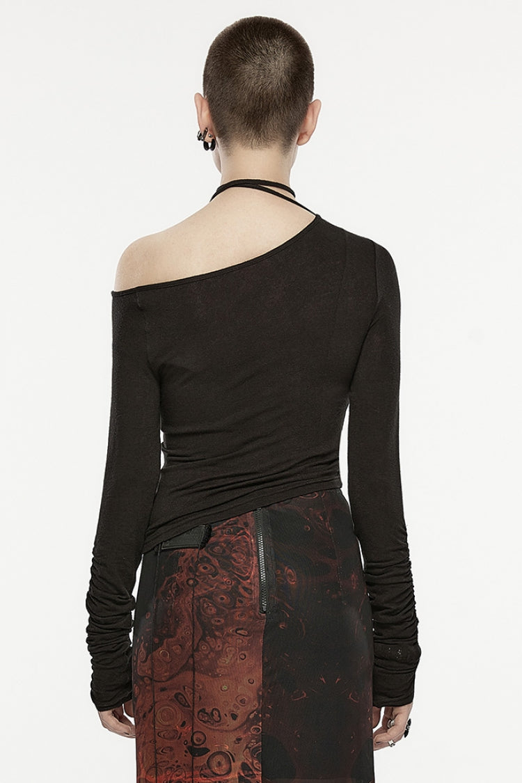 Black Slash Shoulder Long Sleeves Asymmetric Women's Gothic T-Shirt - Product - 3