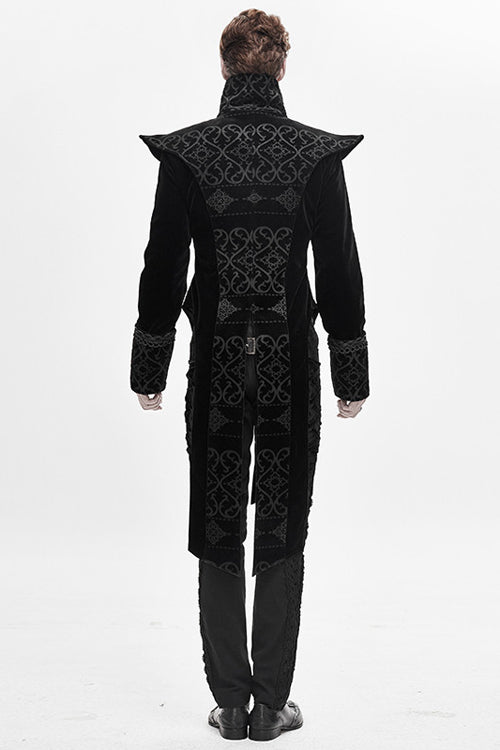 Black High Collar Chinese Palace Floral Pattern Velvet Long Mens Gothic Coat - Product - 3