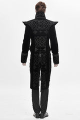 Black High Collar Chinese Palace Floral Pattern Velvet Long Mens Gothic Coat - Product - 3