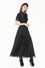 Black Stand Collar Short Puff Sleeves Sheer Lace Lace-Up Women's Gothic Blouse with Detachable Bowknot - Product - 12