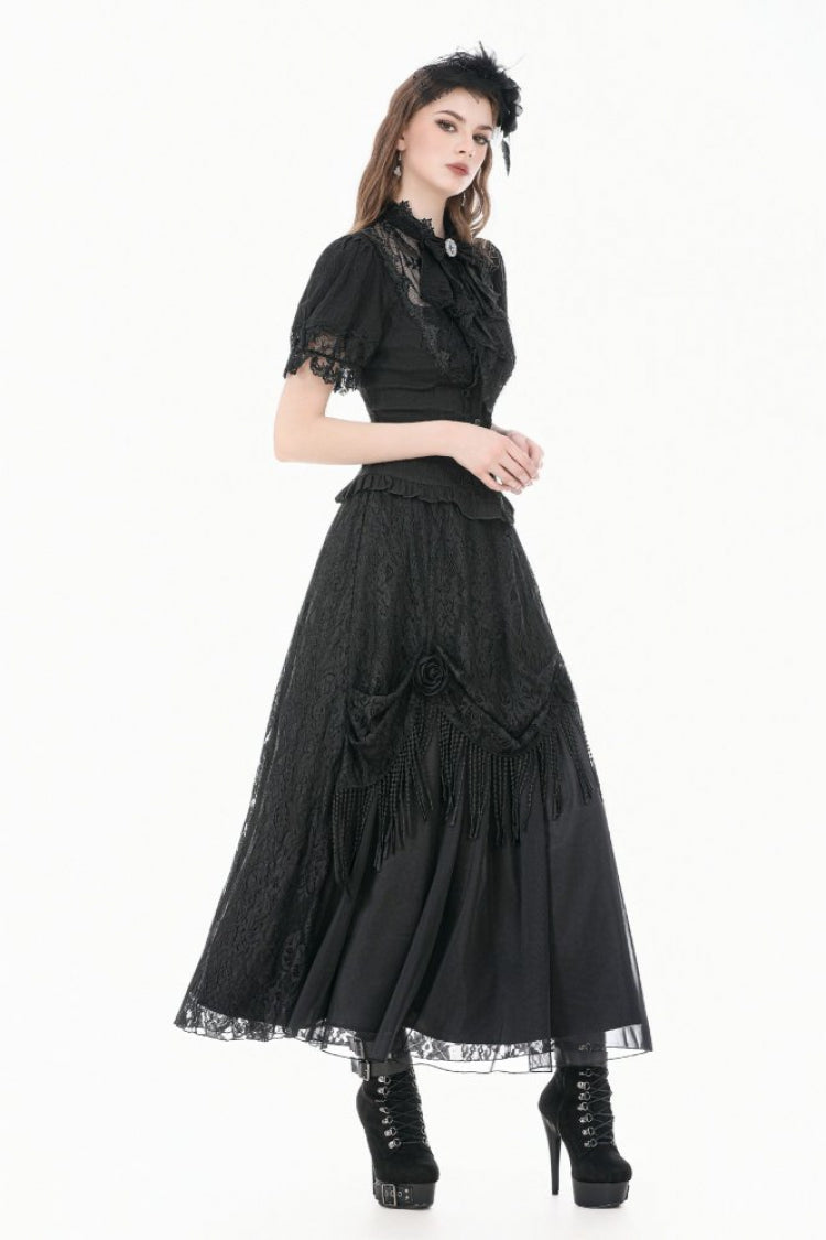 Black Stand Collar Short Puff Sleeves Sheer Lace Lace-Up Women's Gothic Blouse with Detachable Bowknot - Product - 12