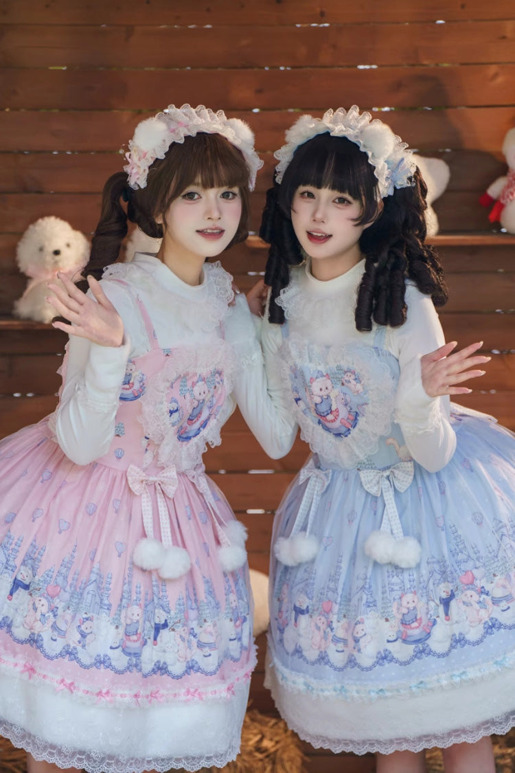 Blue [Snowball Wonderland] Print Merry Christmas Ruffle Bowknot Lace Sweet Lolita Jsk Dress - Product - 2